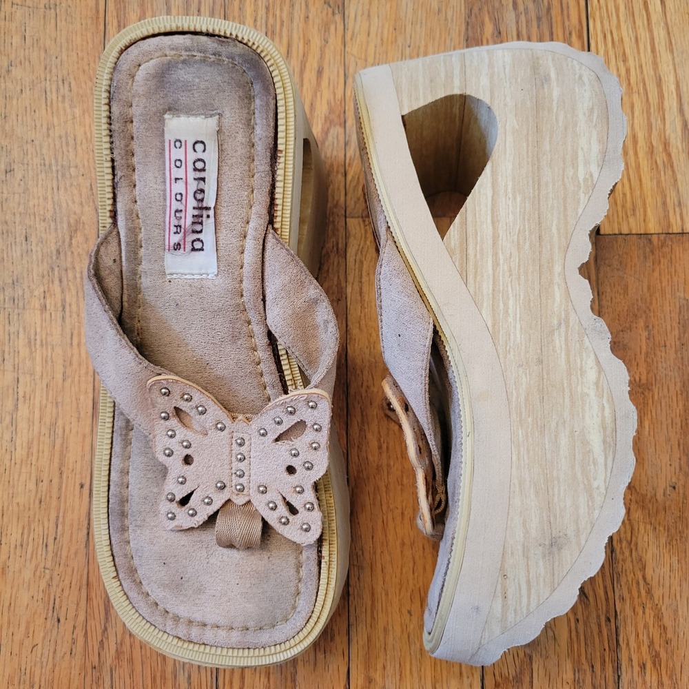 Vintage Chunky Heel Platform Sandals 5 Tan Butterfly Studded Y2K Wedge 90s Shoes